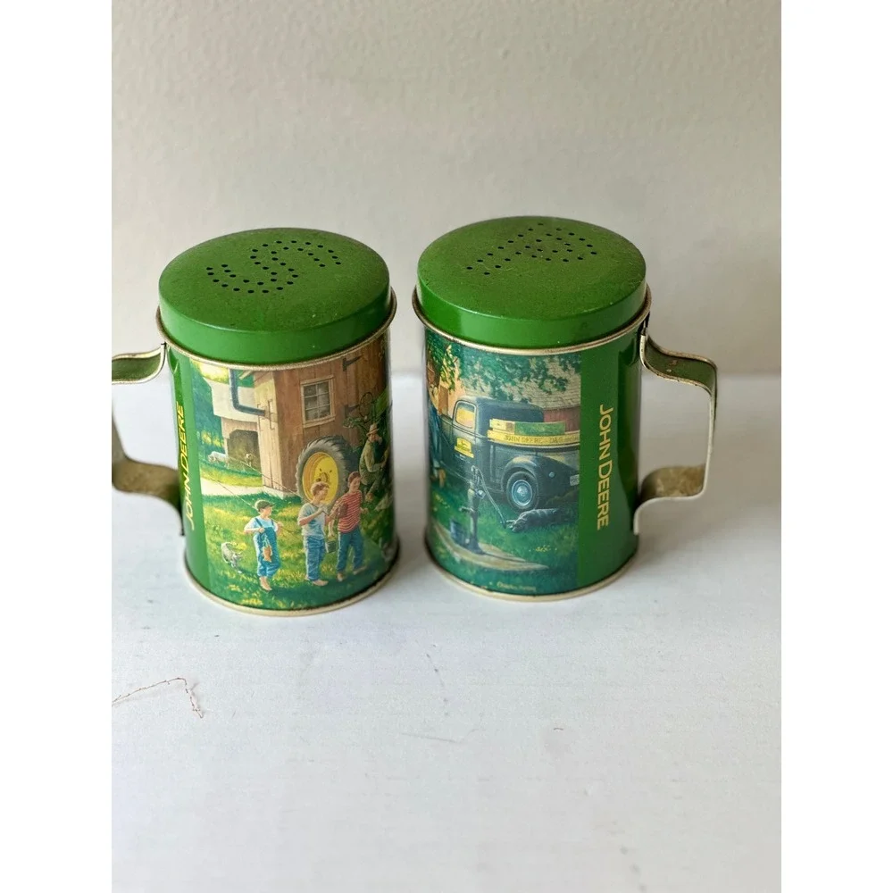 Vintage John Deere Salt and Pepper Shakers Metal Farm Scenes Charles Freitag